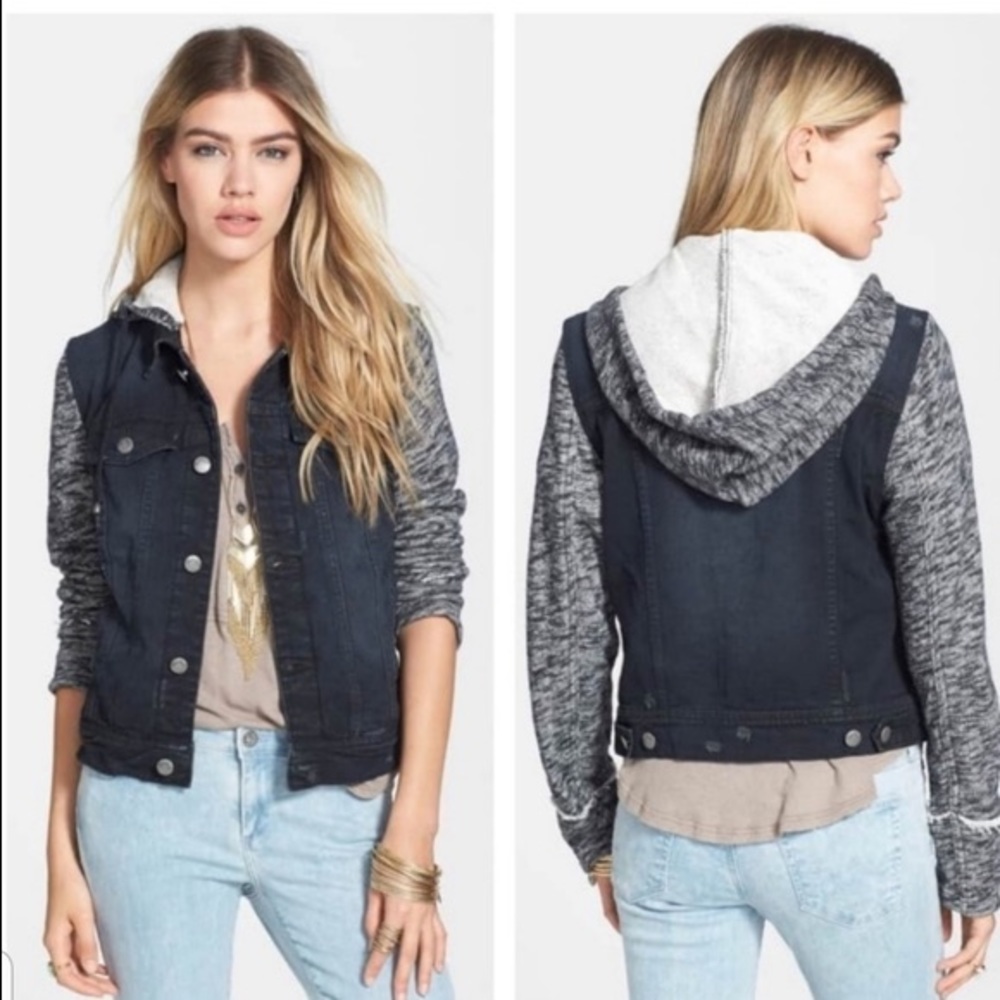 Free People Knit Hooded Black Denim Jacket